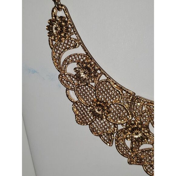 A Panel Choker Bib Necklace Gold Tone Floral Steampunk Fairy Core Romantic - Picture 4 of 9